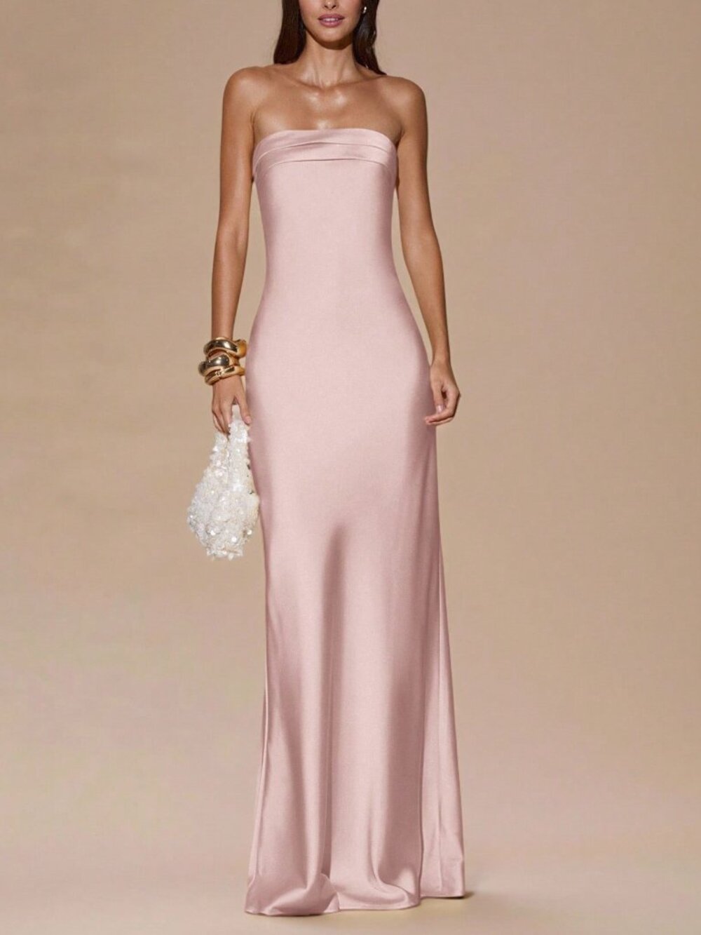 Coral Pink Minimalist Women's Strapless Tie Strap Satin Dress - Picture 4 of 5